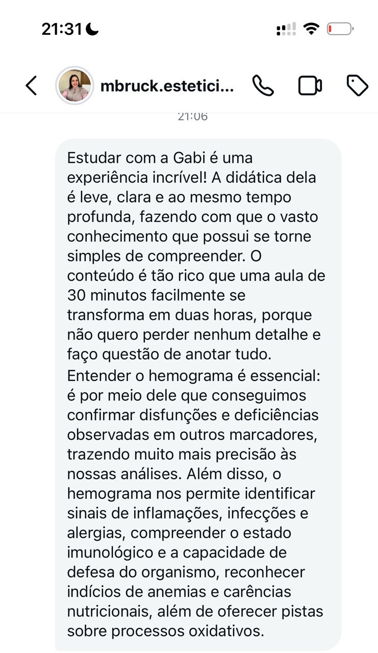Depoimento de aluna sobre o curso Hemograma na Estética