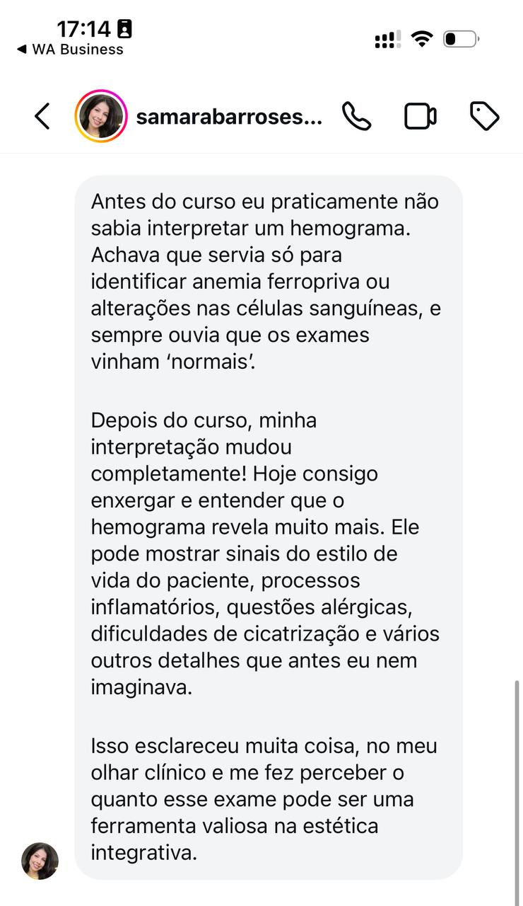 Depoimento de aluna sobre o curso Hemograma na Estética