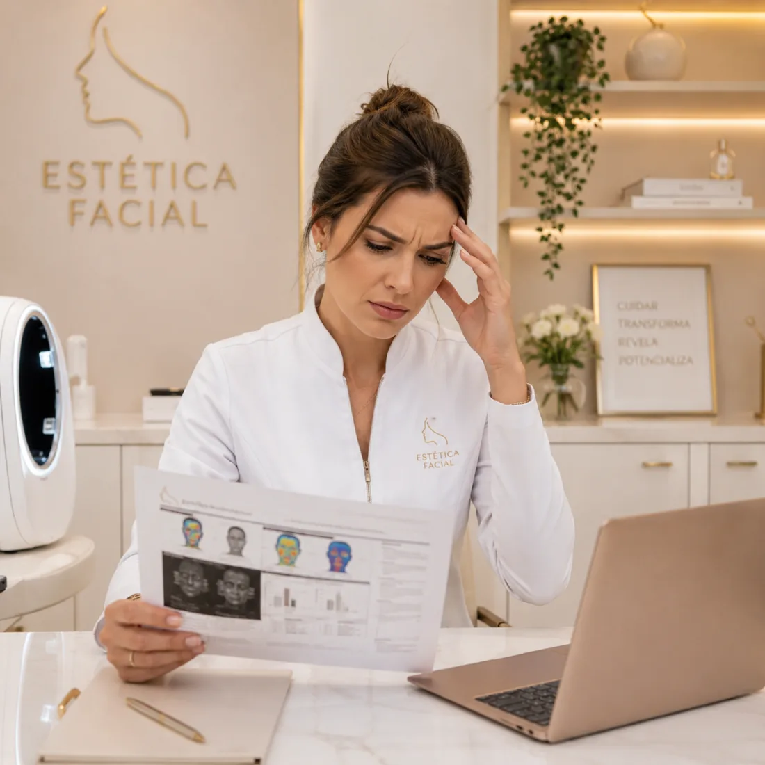 Esteticista frustrada analisando o exame da paciente